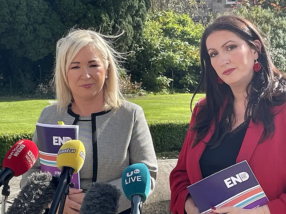 Stormont First Minister Michelle O'Neill and deputy First Minister Emma Little-Pengelly speaking to the media 