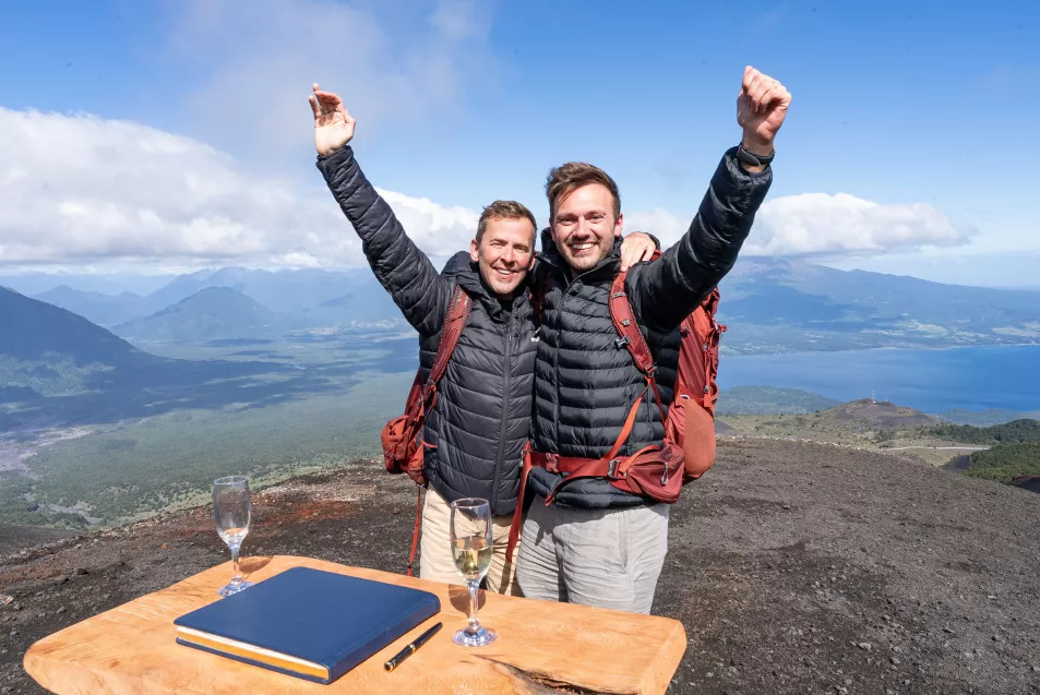 Mills and Vaughan at the Mills and Vaughan at the base camp of the Osorno Volcano in Frutillar, Chile