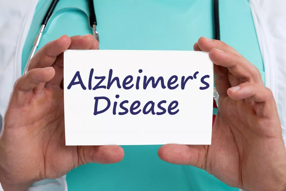 Close up picture of doctor holding a card with says Alzheimer's Disease 