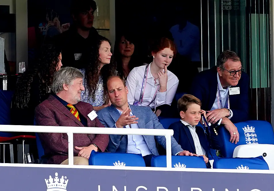 Stephen Fry, the Prince of Wales and Prince George in the box during day four of the second Ashes test match at Lord's in 2023