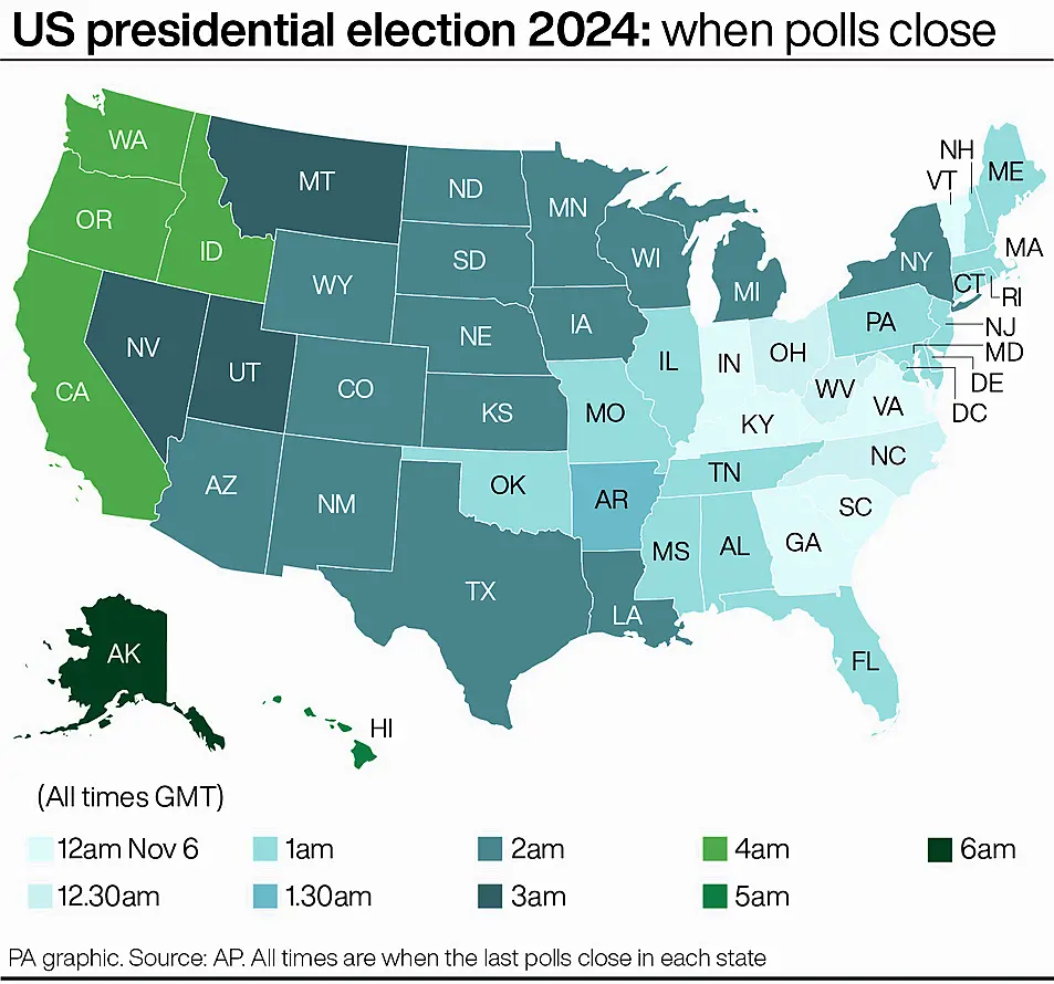 A map showing the times polls close in each US state for the 2024 presidential election