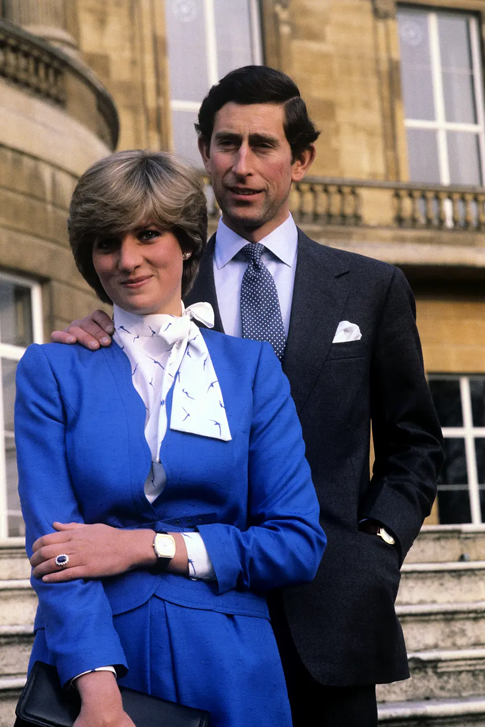 Prince Charles and Lady Diana Spencer (wearing the diamond and sapphire engagement ring he gave her) looking affectionate in the grounds of Buckingham Palace after the announcement of their engagement in London on Feb. 24, 1981