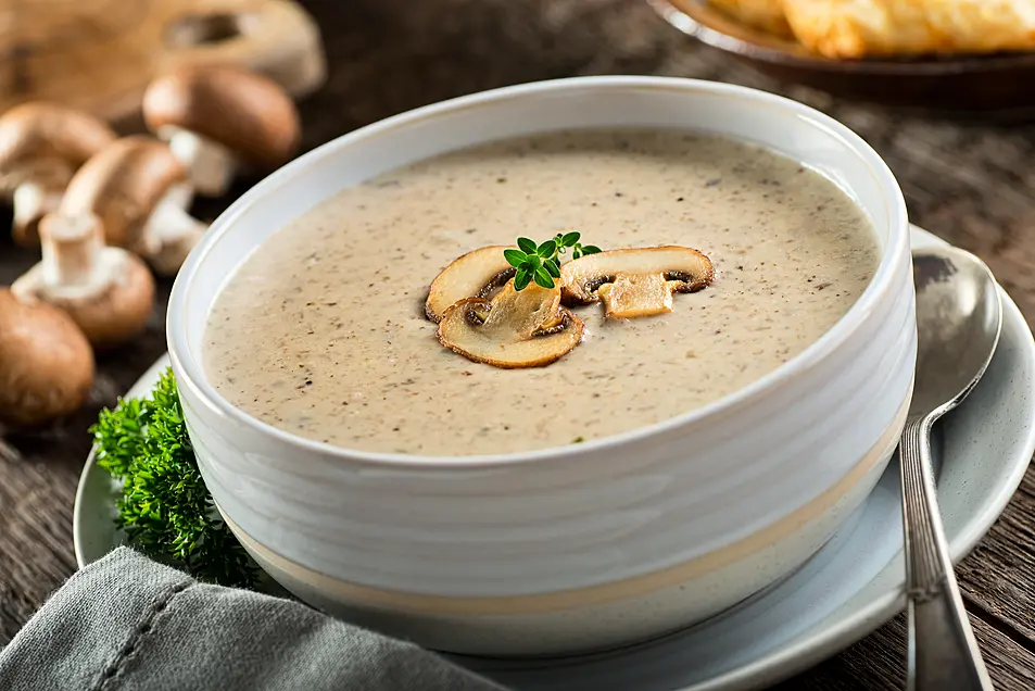 A bowl of delicious homemade cream of mushroom soup 