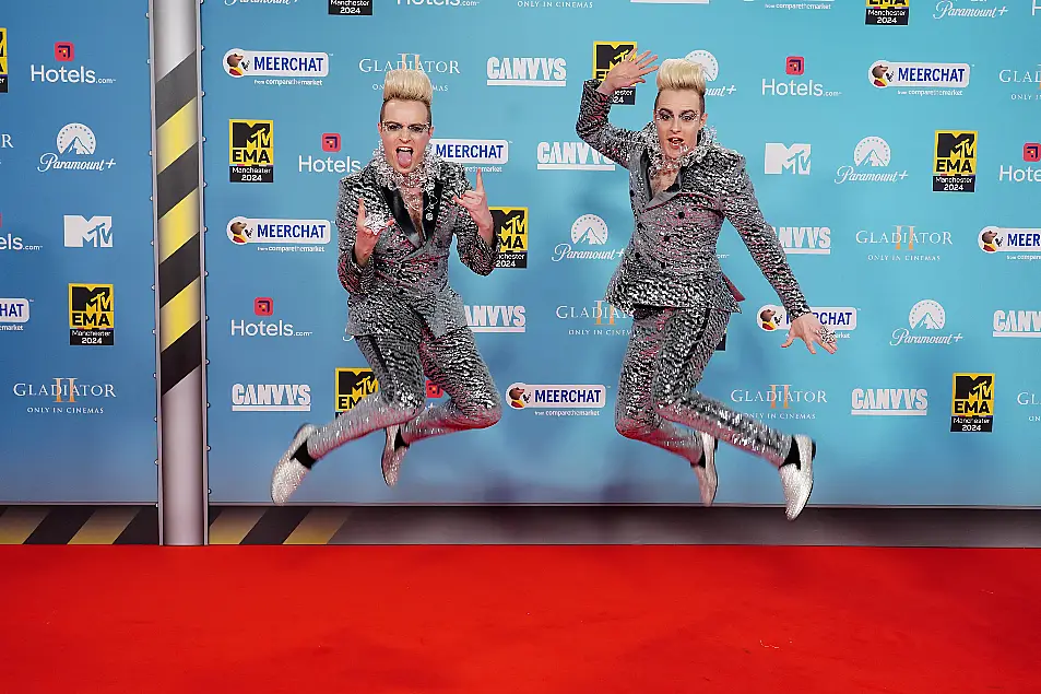 Edward Grimes and John Grimes of Jedward attending the MTV Europe Music Awards 2024 at the Co-Op Live Arena, Manchester. Picture date: Sunday November 10, 2024.