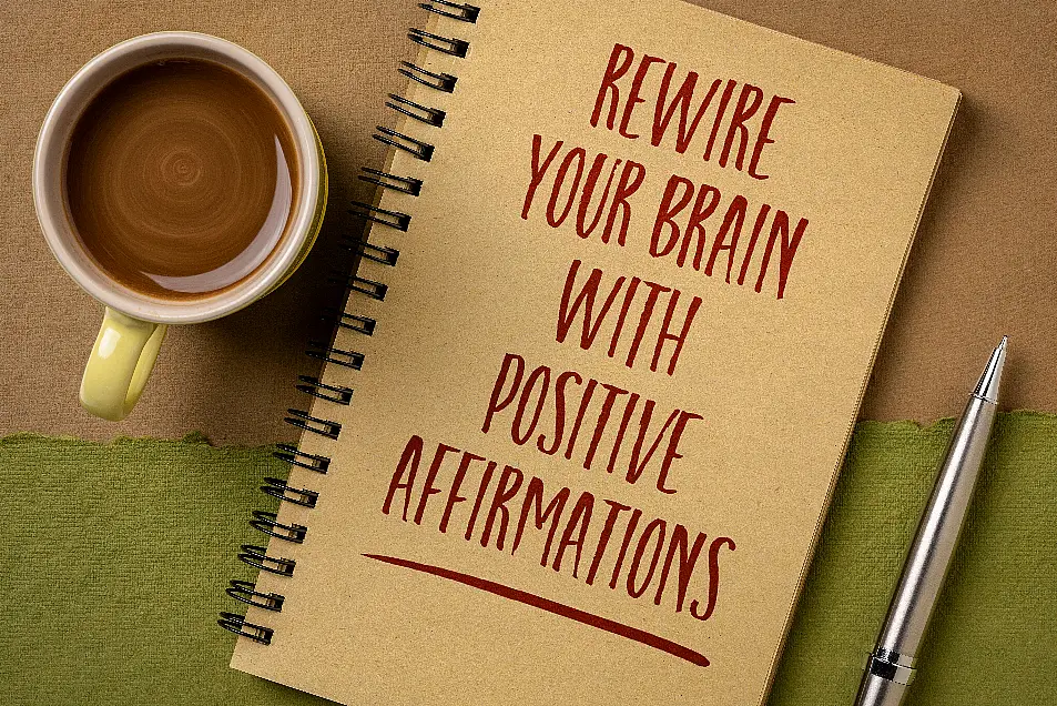 A mug of coffee next to a notepad which has 'Rewire your brain with positive affirmations' written on it