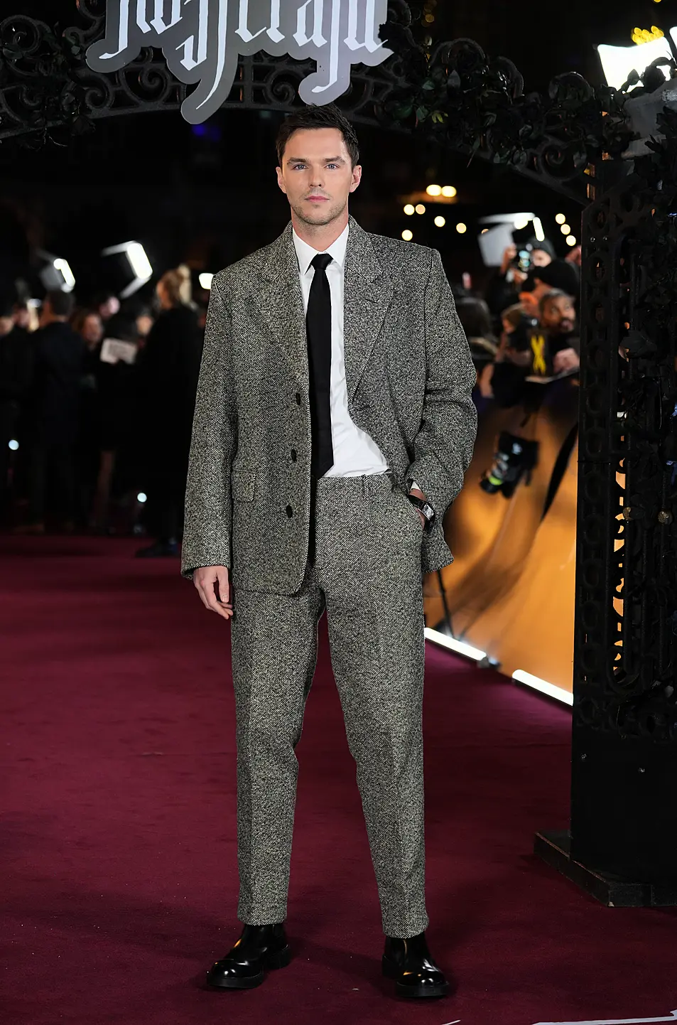 Nicholas Hoult arriving for the UK premiere of Nosferatu in Prada wool suit