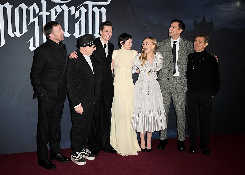 Ralph Ineson, Simon McBurney, Bill Skarsgard, Emma Corrin, Lily-Rose Depp, Nicholas Hoult, and Willem Dafoe arrive for the UK premiere of Nosferatu at Odeon Luxe in Leicester Square