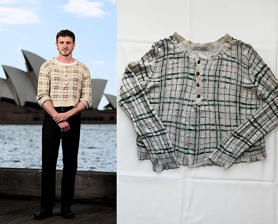 Paul poses outside Sydney Opera House in silk cardigan