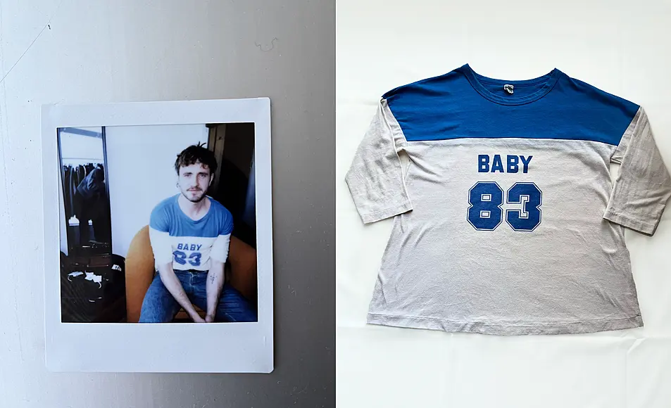 Polaroid of Paul Mescal in blue and white baby tee