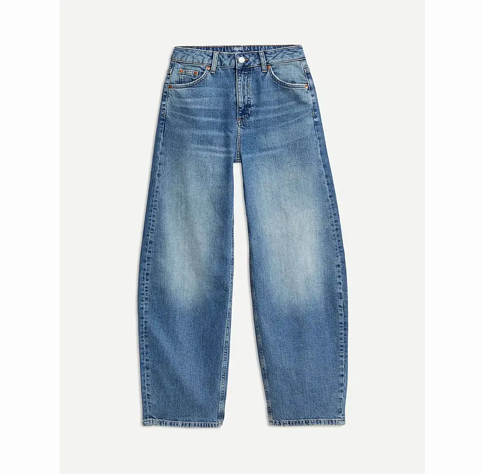 Barrel leg light denim blue jeans