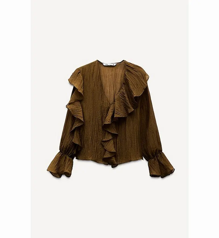 Brown ruffled V neck blouse