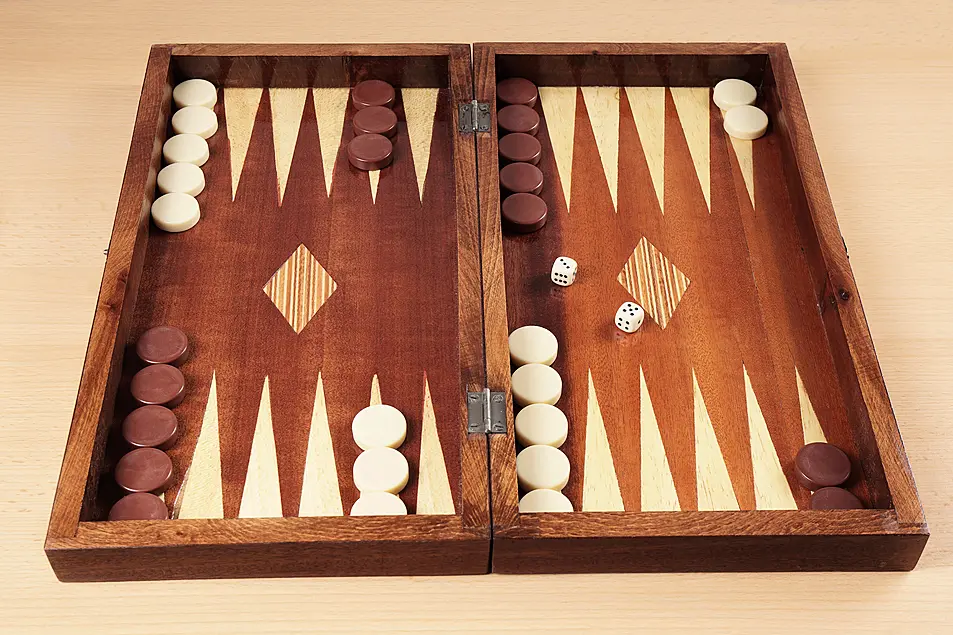 A wooden backgammon board