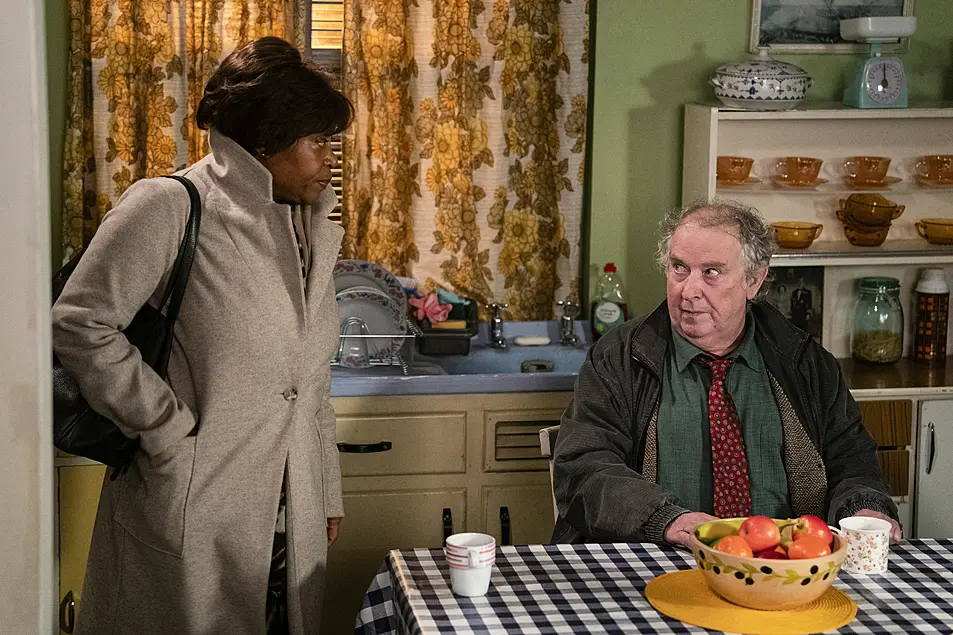 Scene from EastEnders showing characters Yolande Trueman and Nigel Bates