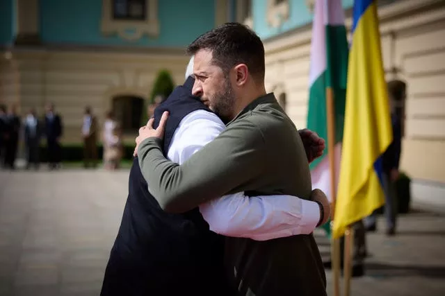 Indian Prime Minister Narendra Modi, left, greeting Ukrainian President Volodymyr Zelensky in Kyiv 