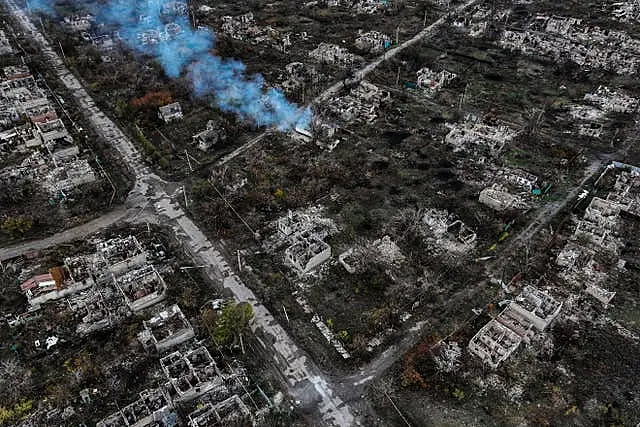 An aerial view of Chasiv Yar shows the frontline city in ruins after heavy fighting between Russian and Ukrainian forces, Donetsk Region