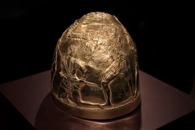 A Scythian gold helmet from the fourth century BC is displayed as part of the exhibit called The Crimea - Gold And Secrets Of The Black Sea at Allard Pierson historical museum in Amsterdam on April 4 2014