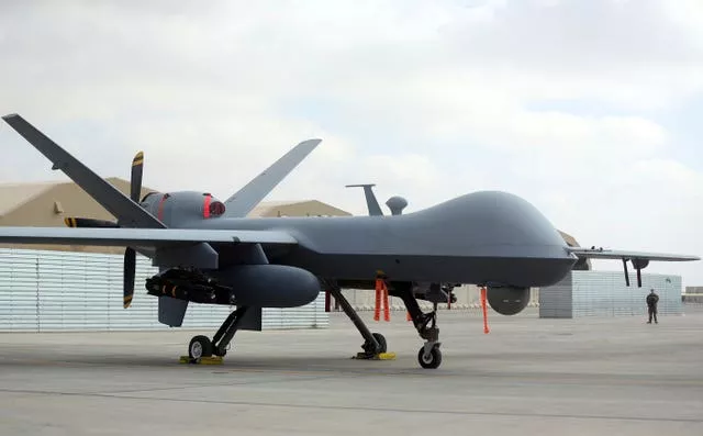A US MQ-9 drone on display during an air show at Kandahar Airfield, Afghanistan, in 2018 