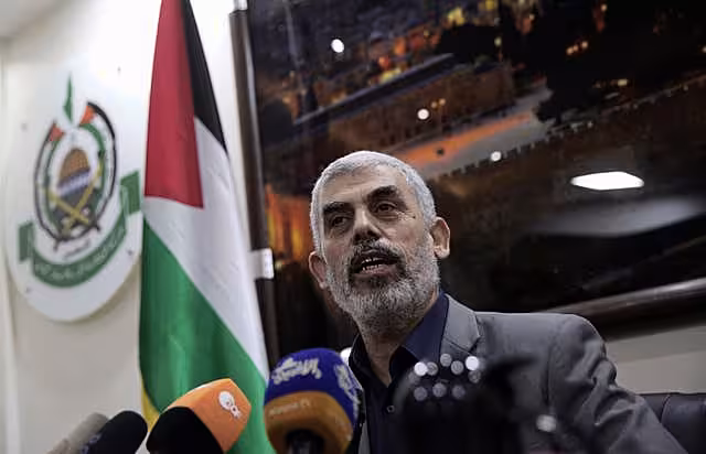 Yahya Sinwar speaks to foreign correspondents in his office in Gaza City on May 10 2018