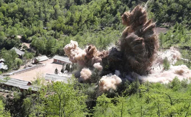Command post facilities at one of North Korea’s nuclear test sites are demolished in Punggye-ri, North Korea, on May 24 2018