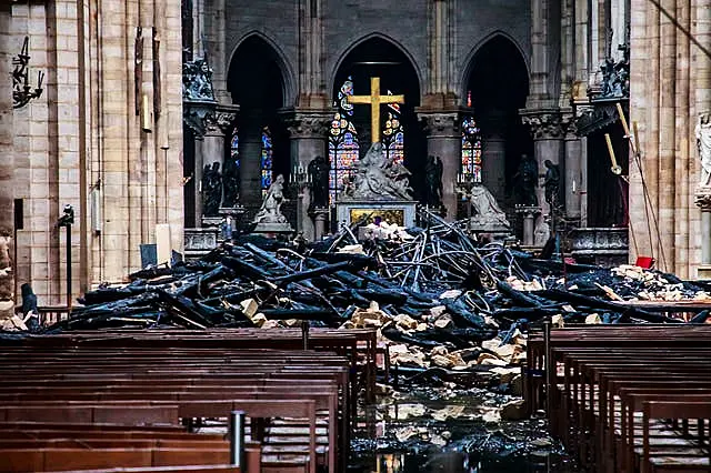 The inside of Notre Dame following the fire in 2019