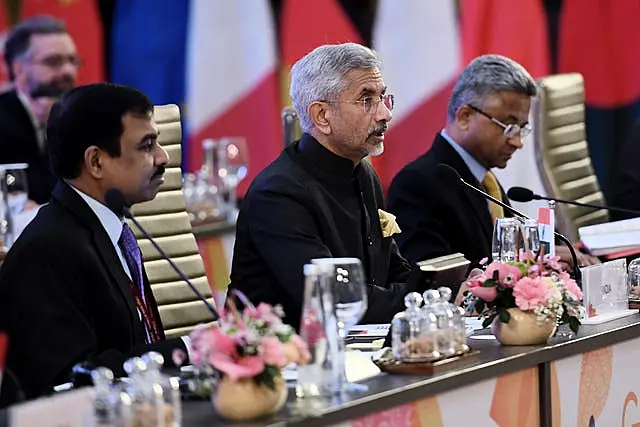 Indian External Affairs Minister Subrahmanyam Jaishankar, center, speaks during the G20 foreign ministers’ meeting in New Delhi on Thursday