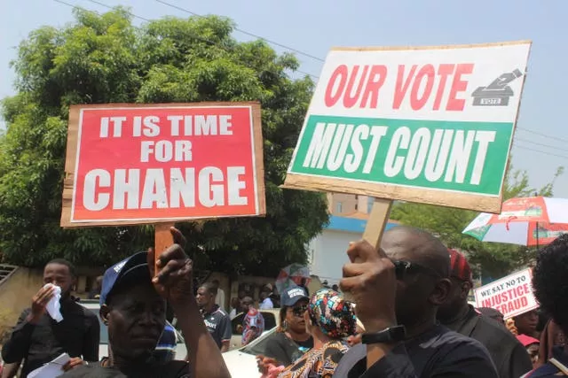 Supporters of Atiku Abubakar of the People's Democratic Party and second place candidate attend a protest against the recent presidential election results in Abuja