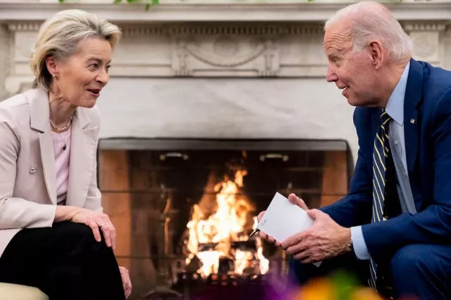 President Joe Biden meets with European Commission President Ursula von der Leyen in the Oval Office of the White House