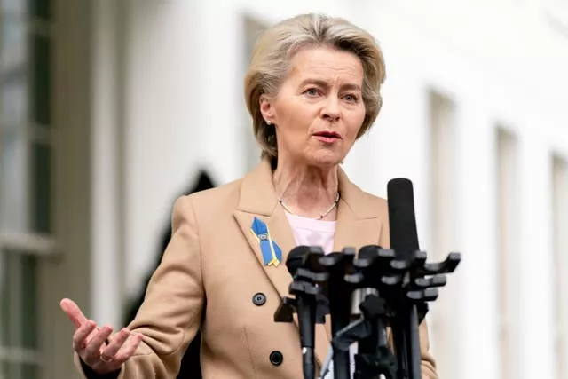 European Commission President Ursula von der Leyen speaks to members of the media outside the West Wing after meeting with President Joe Biden at the White House in Washington on Friday 