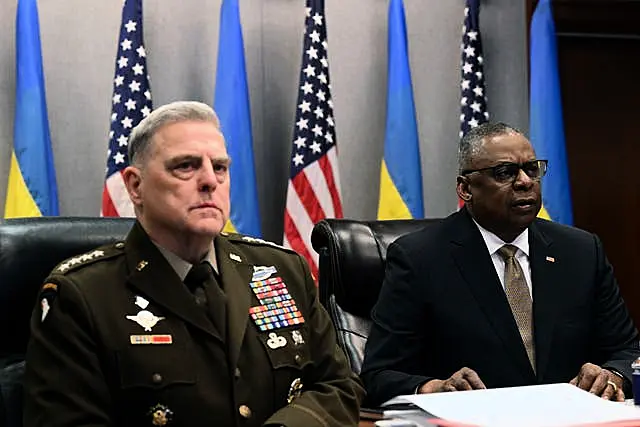 US defence secretary Lloyd Austin, right, and Chairman of the Joint Chiefs of Staff General Mark Milley attend a virtual meeting of the Ukraine Defence Contact Group at the Pentagon in Washington 