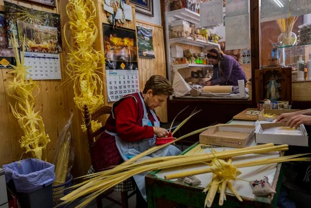 Mari Carmen Perez brushes palms to be used during Palm Sunday processions at a shop in Elche, eastern Spain