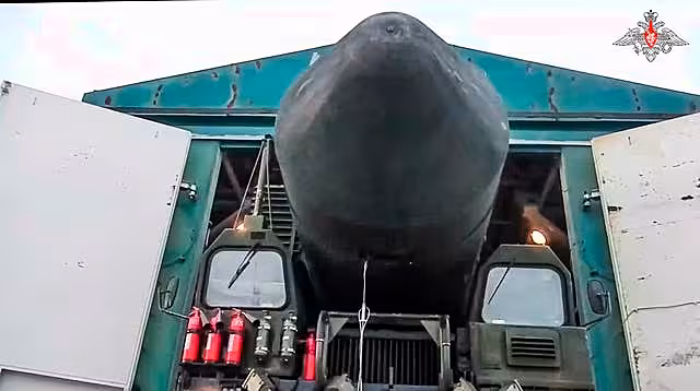 A Yars missile launcher being driven from a shelter in an undisclosed location in Russia 