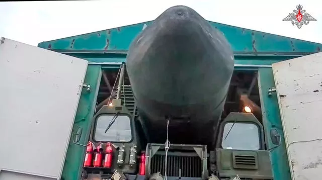 A Yars missile launcher being driven from a shelter in an undisclosed location in Russia 