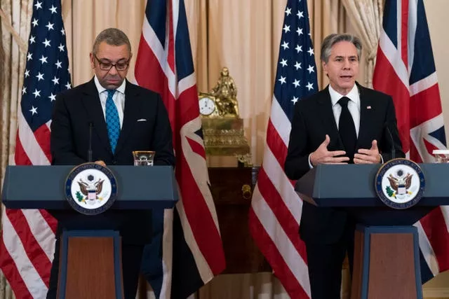 US Secretary of State Antony Blinken and Foreign Secretary James Cleverly during a news conference in the State Department 