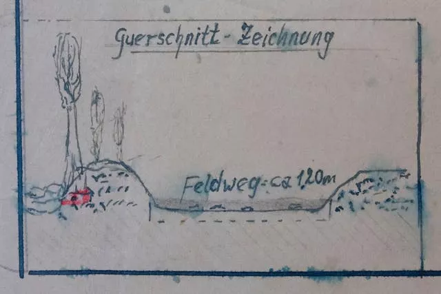 Detail of the map showing a cross-section of the road where the Nazi loot was reportedly buried