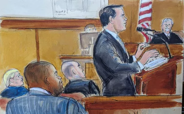 Donald Trump’s lawyer Todd Blanche, standing right centre, gives his summation to the jury 