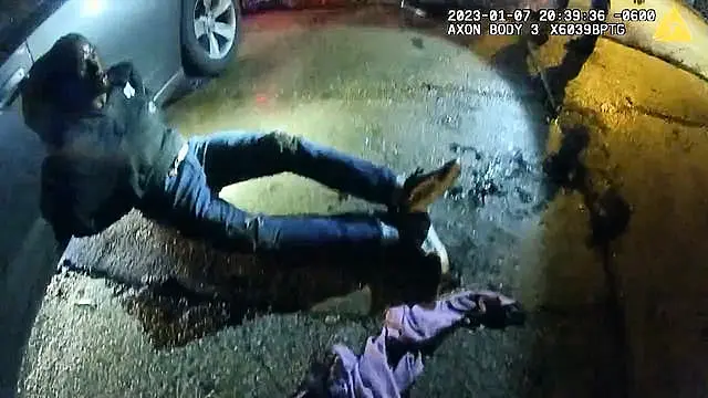 The image from video released on Jan. 27, 2023, by the City of Memphis, shows Tyre Nichols leaning against a car after a brutal attack by five Memphis police officers on Jan. 7, 2023, in Memphis, Tenn