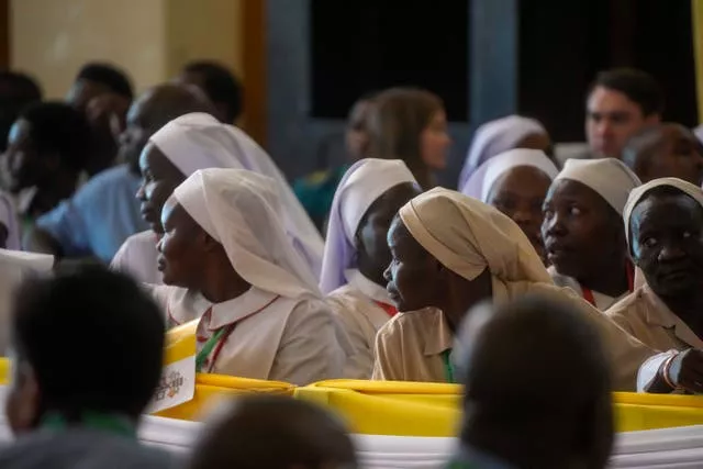 Nuns wait for the arrival of Pope Francis at a church in Juba, South Sudan