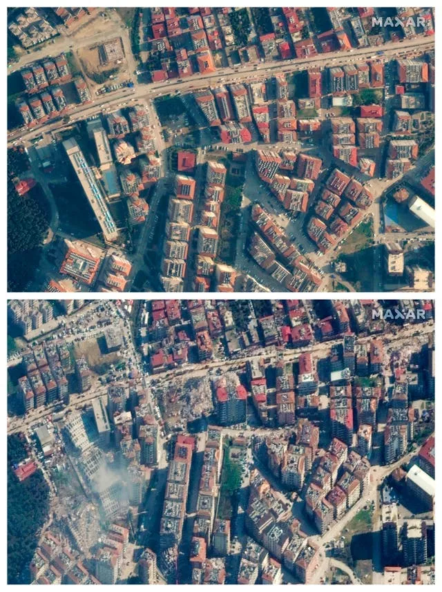 Satellite images shows buildings in Antakya, Turkey, before and after a powerful earthquake struck the region on Monday
