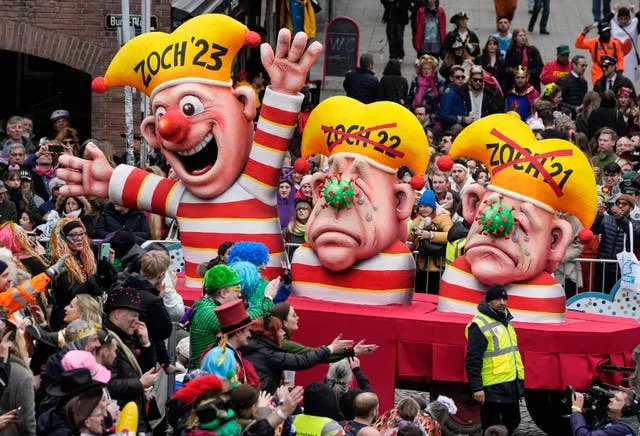 A carnival float depicts the cancelled parades in the last two years due to the pandemic in Dusseldorf