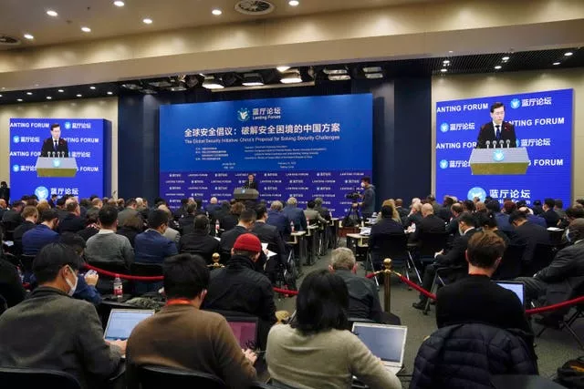 Chinese foreign minister Qin Gang delivers a speech during the Lanting Forum on the Global Security Initiative: China’s Proposal for Solving Security Challenges held at the Ministry of Foreign Affairs office in Beijing on Tuesday February 21 2023