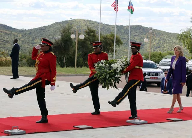 US first lady Jill Biden attends a wreath laying ceremony at Heroes’ Acre in Windhoek Namibia 