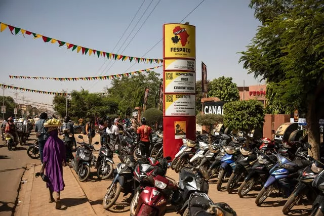 Motorcycles parked in front of the headquarters of the FESPACO (Pan-African Film and Television Festival) in Ouagadougou, Burkina Faso