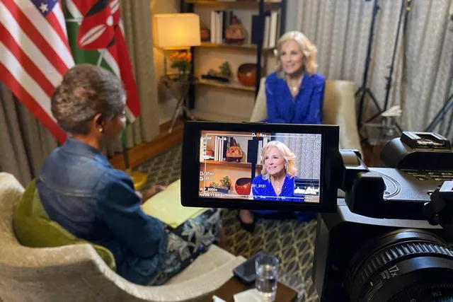 First lady of the United States Jill Biden during an interview with Associated Press White House reporter Darlene Superville in Nairobi, Kenya