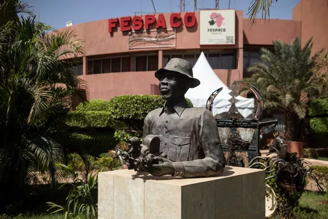 A statue of Paulin Soumanou Vieyra, considered one of the founding fathers of African cinema, is displayed at the headquarters of the FESPACO (Pan-African Film and Television Festival) in Ouagadougou, Burkina Faso 