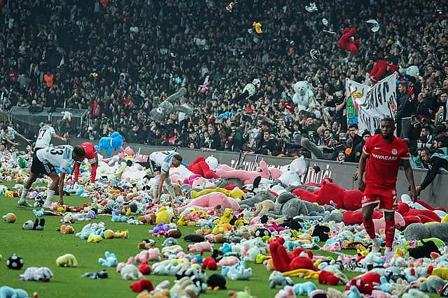 Fans throw toys onto pitch