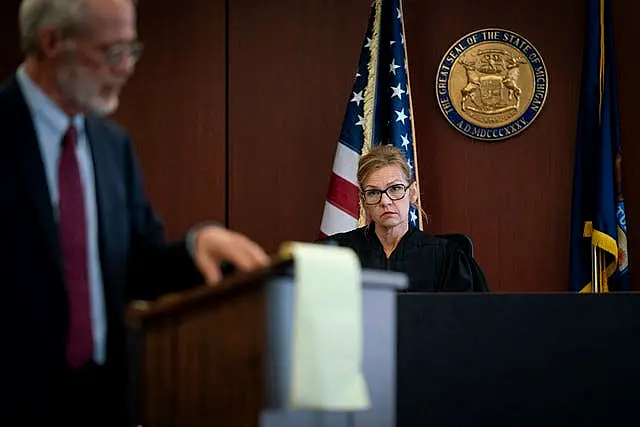 Judge Jennifer Callaghan listens during a jury trial over Aretha Franklin’s wills at Oakland County Probate Court in Pontiac, Michigan