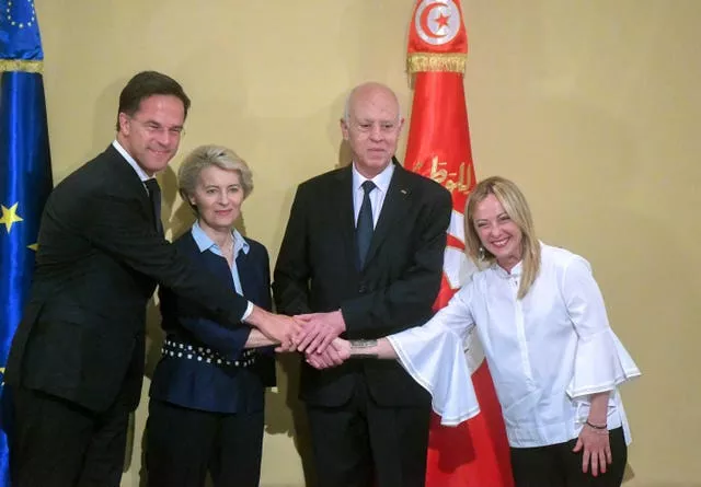 Tunisian President Kais Saied, centre right, shakes hand with Netherlands’ Prime Minister Mark Rutte, left, European Commission president Ursula von der Leyen and Italian Prime Minister Giorgia Meloni