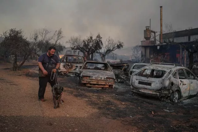 Thanassis Barberakis walks with his dog at his family shipyard damaged from the fire in Mandra, west of Athens