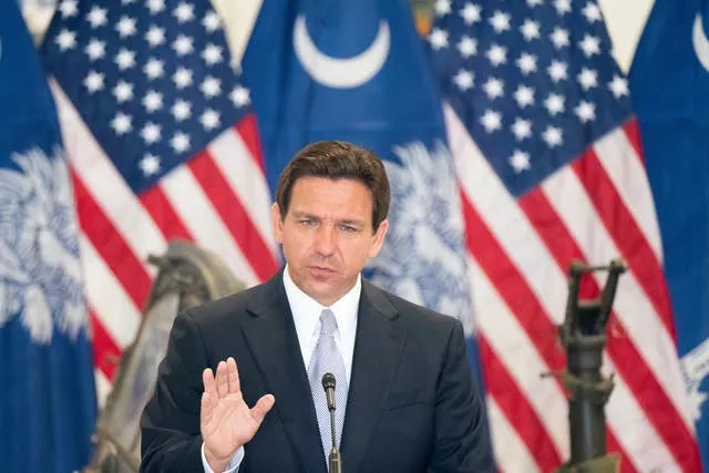 Florida governor and Republican presidential candidate Ron DeSantis speaks during a press conference at the Celebrate Freedom Foundation Hangar in West Columbia, South Carolina 