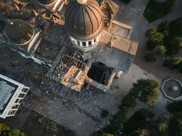 The Odesa Transfiguration Cathedral is seen heavily damaged following Russian missile attacks
